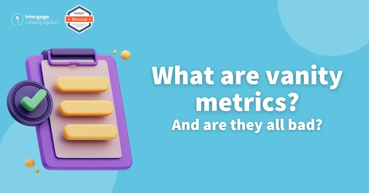 A light blue background with the image of a clipboard on the left-hand side. On the right, the title reads: 'What are vanity metrics, and are they all bad?'